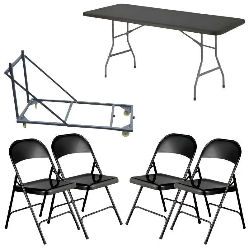 Lot 20 tables pliantes Grey Edition® + 120 chaises pliantes noires + chariot