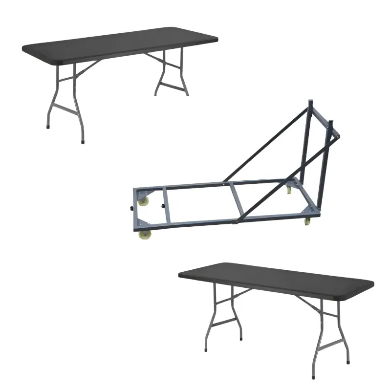 Tables pliantes grises en polypro + chariot de transport pour tables plaintes